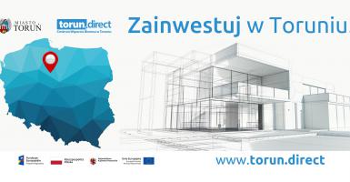 Projekt billboardu promujący potencjał gospodarczy Miasta Torunia w ramach projektu Invest in BiT CITY 2 . Po lewej stronie znajduje kontur mapy Polski z zaznaczoną lokalizacją Torunia. Po prawej widoczny jest rysunek przedstawiający naszkicowany budynek, a nad nim hasło "Zainwestuj w Toruniu!". Z lewym górnym i lewym dolnym znajdują się logotypy instytucji zaangażowanych w projekt. W prawym dolnym rogu widoczny jest adres strony internetowej www.torun.direct. 