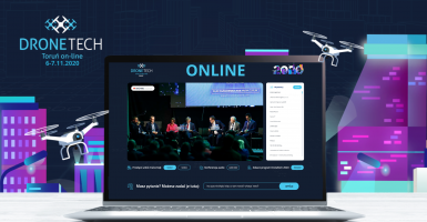 Grafika przedstawia ekran komputera z zapisem debaty online DroneTech
