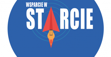 Logotyp programu "Wsparcie w Starcie". W niebieskim okręgu widnieje napis "Wsparcie w starcie". Literę A w słowie "starcie" zastępuje grafika papierowego samolotu