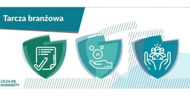 Grafika rządowa z napisem - Tarcza branżowa - liczą się konkrety