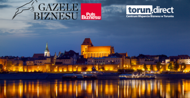 Grafika z panoramą Torunia i logotypem Gazele Biznesu 