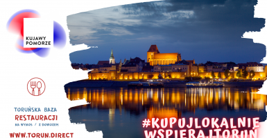 Grafika przedstawia panoramę Torunia, logotyp Kujawy i Pomorze i tekst #kupujloklaniewspierajtoruń 