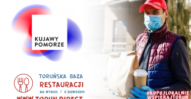 Grafika z logotypem Kujawy i Pomorze i tekstem Toruńska Baza restauracji na wynos i z dowozem 