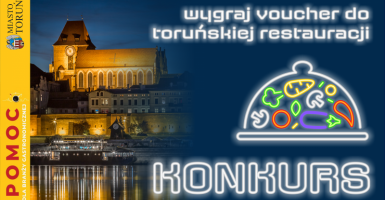 Grafika przedstawia panoramę Torunia wraz z opisem KONKURS: wygraj voucher do toruńskiej restauracji 