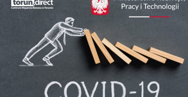 Grafika przedstawia postać podnoszącą domino i logotypy Ministerstwa Rozwoju Pracy i Technologii i CWB