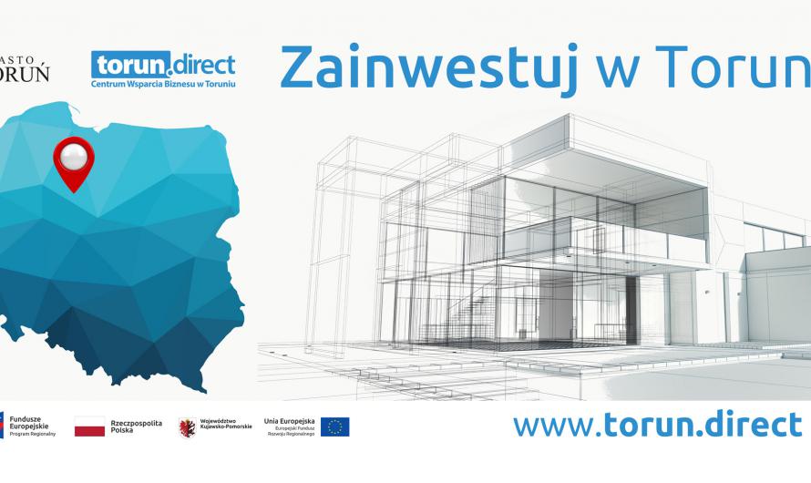 Projekt billboardu promujący potencjał gospodarczy Miasta Torunia w ramach projektu Invest in BiT CITY 2 . Po lewej stronie znajduje kontur mapy Polski z zaznaczoną lokalizacją Torunia. Po prawej widoczny jest rysunek przedstawiający naszkicowany budynek, a nad nim hasło "Zainwestuj w Toruniu!". Z lewym górnym i lewym dolnym znajdują się logotypy instytucji zaangażowanych w projekt. W prawym dolnym rogu widoczny jest adres strony internetowej www.torun.direct.