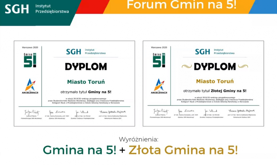 Grafika przedstawia dyplom Złotej Gminy na 5! SGH w Warszawie