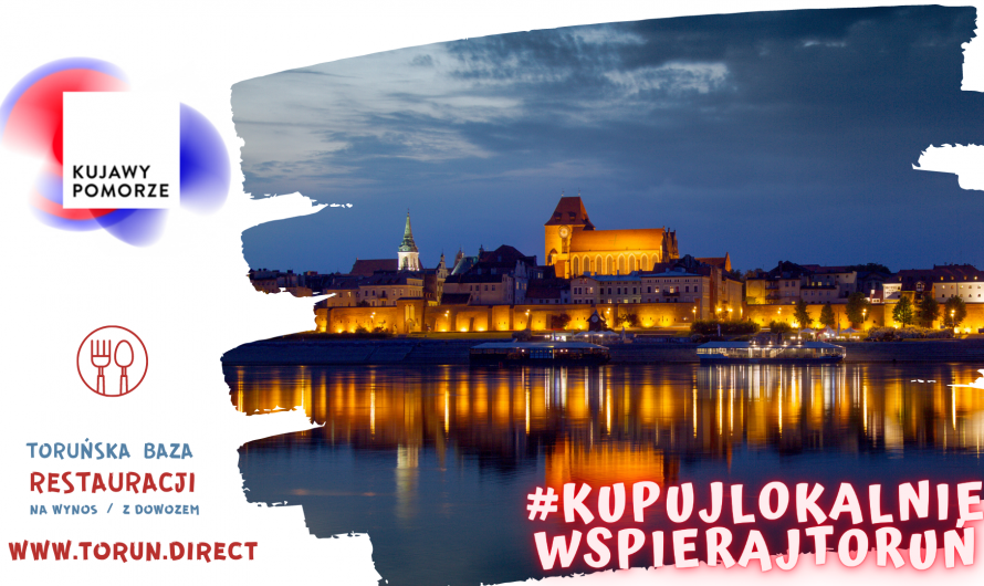 Grafika przedstawia panoramę Torunia, logotyp Kujawy i Pomorze i tekst #kupujloklaniewspierajtoruń
