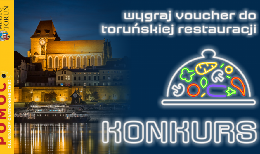 Grafika przedstawia panoramę Torunia wraz z opisem KONKURS: wygraj voucher do toruńskiej restauracji