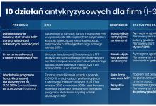Infografika przedstawiająca 10 działań antykryzysowych dla firm. Jej treść jest zawarta w artykule